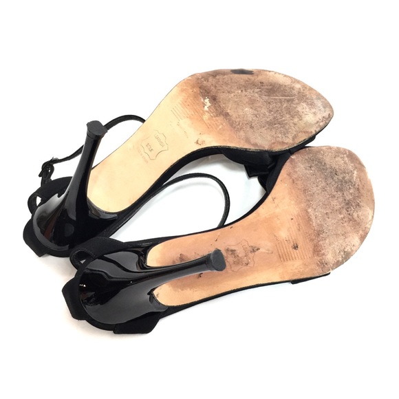 Stuart Weitzman Black Satin Sandal Heels w/ Bows - Picture 8 of 8